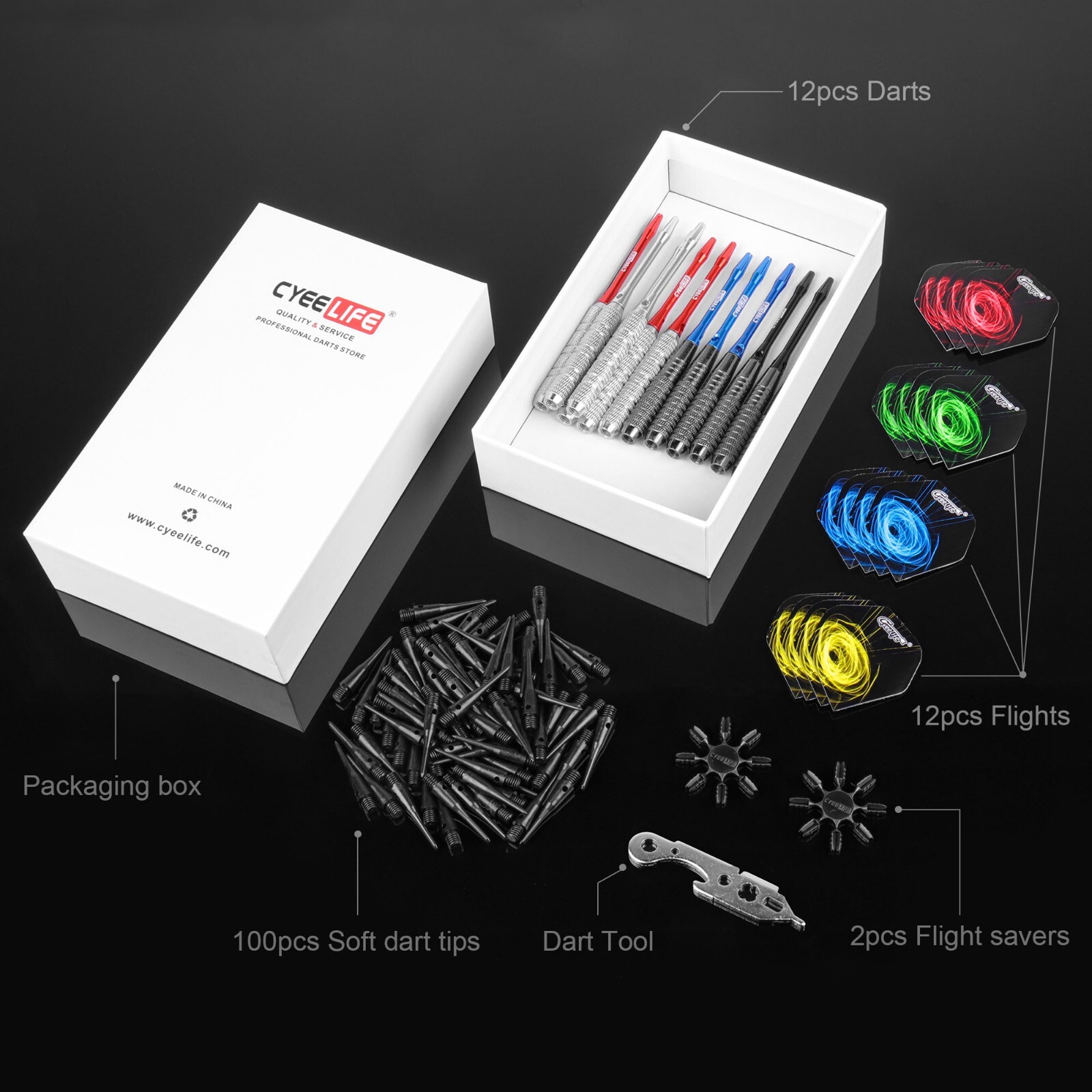 CyeeLife PRO 18g 12pcs Soft Tip Darts Set+12 Flights+100 Plastic Points+Tool