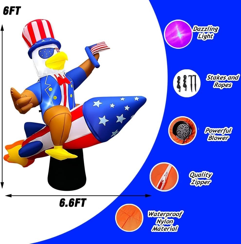6ft Patriotic Independence Day 4th of July Inflatable Eagle on Rocket 1810