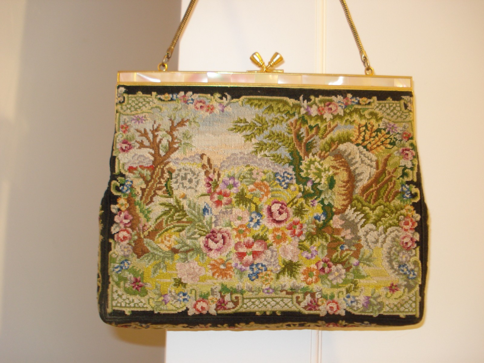 VINTAGE PETIT POINT FLORAL TAPESTRY GOLD METAL MOTHER OF PEARL TRIMMED FRAME