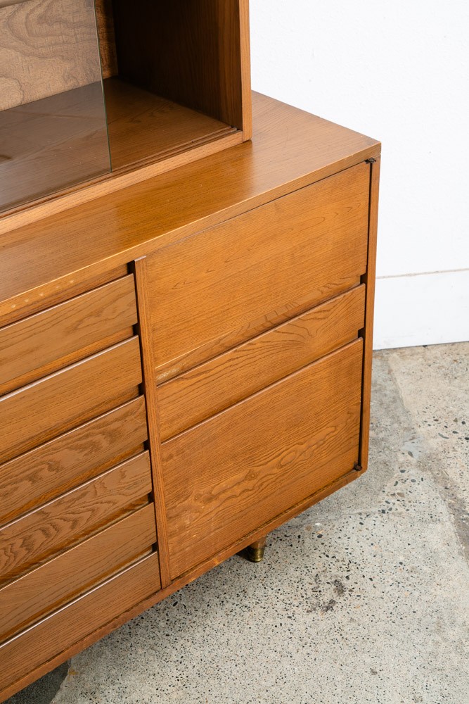 Mid Century Modern China Cabinet 3 Drawers Solid Wood MCM Vintage Hutch Glass