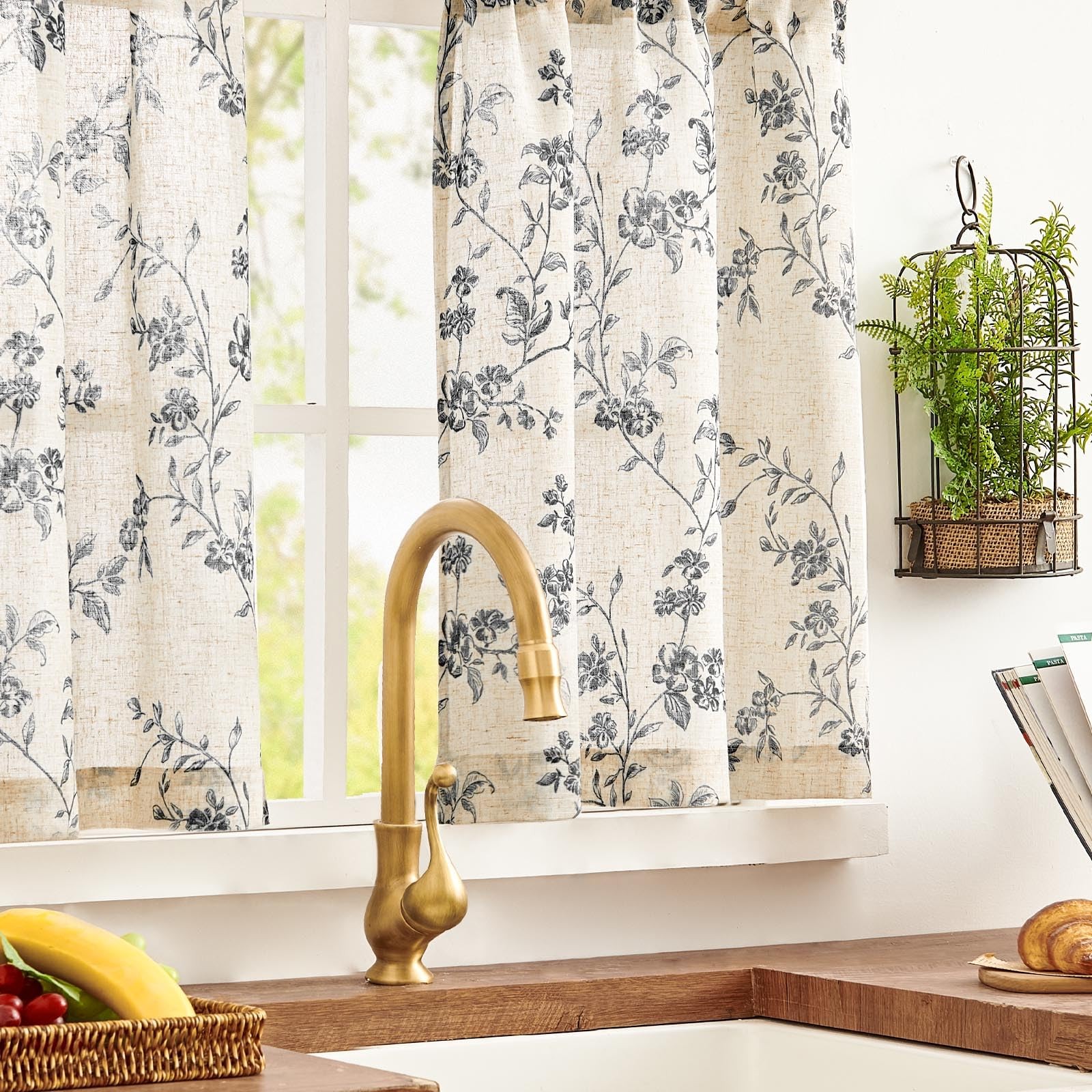 jinchan Floral Kitchen Curtains 26"W x 36"L (Pack of 2), Alisa Black on Linen