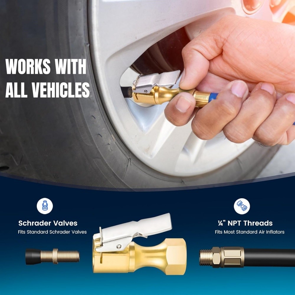 1/4" NPT Air Chuck Nozzle, Open Flow Tire Chuck, Lock on Tire Inflator Chuck