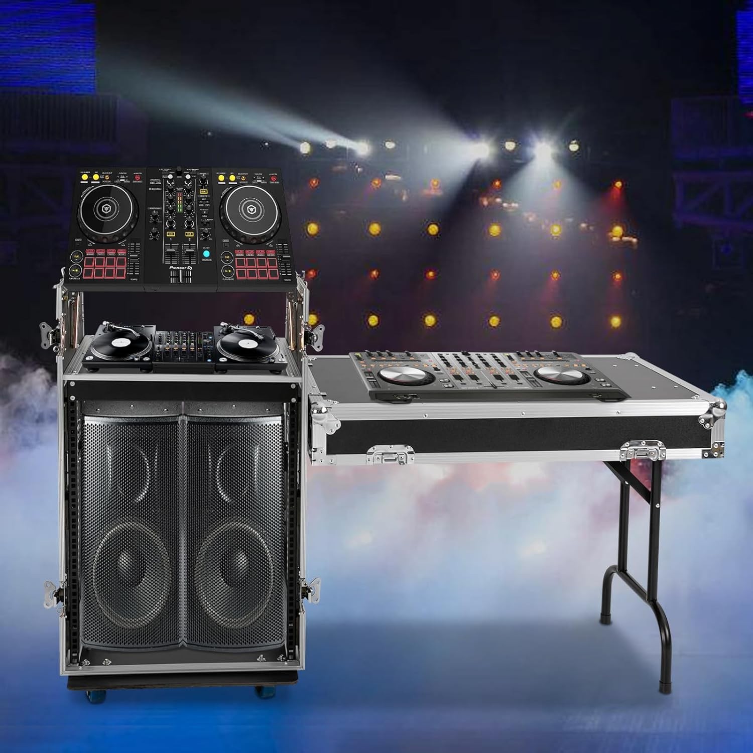 PA DJ Rack w/ 2-tier DJ Table Top 14 Space Rack Case w/ Slant Mixer Top & Caster