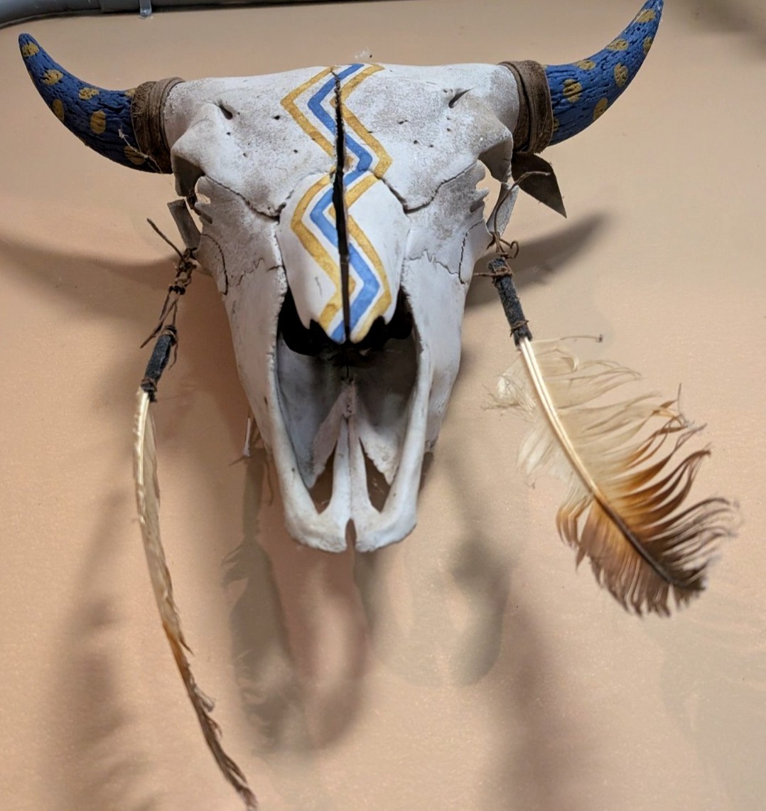 Native Hand Painted Buffalo Skull Blue And Yellow, Thunderbolts, Hung By Hyde
