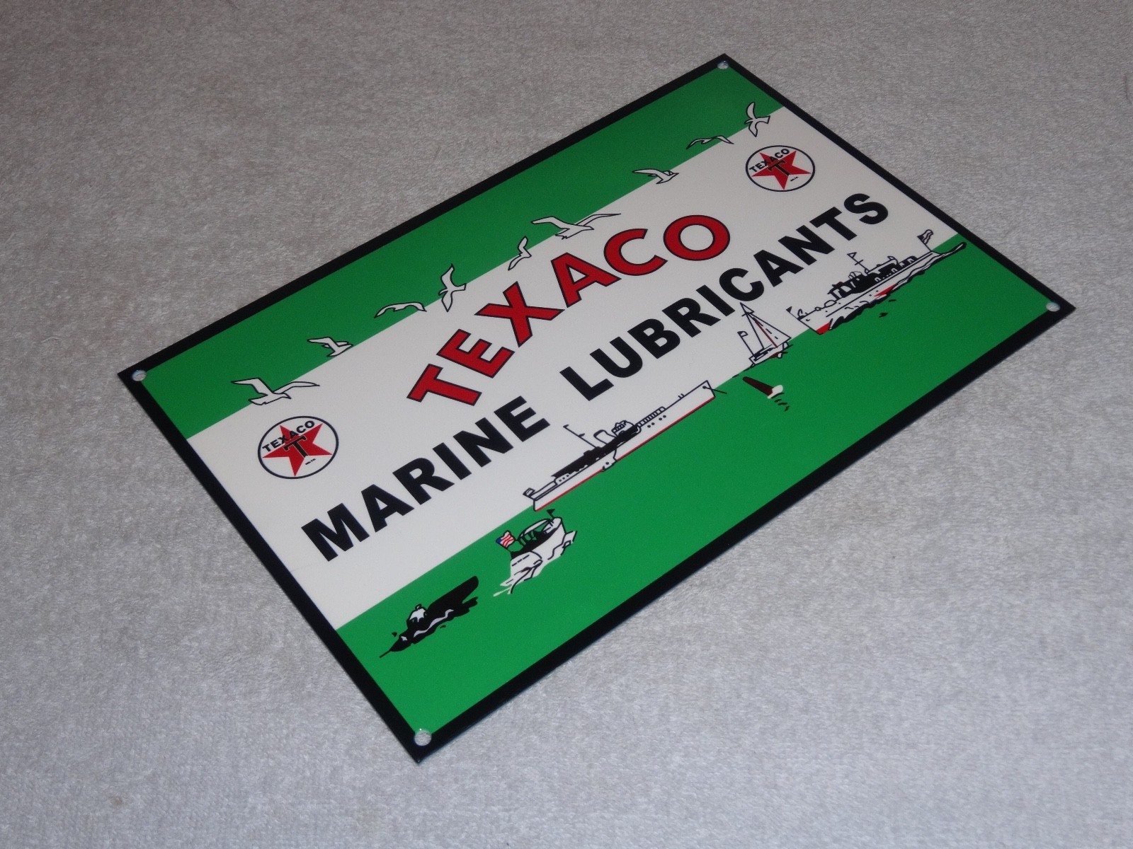 VINTAGE TEXACO MARINE LUBRICANTS W/ BOATS 12" METAL OUTBOARD GASOLINE & OIL SIGN