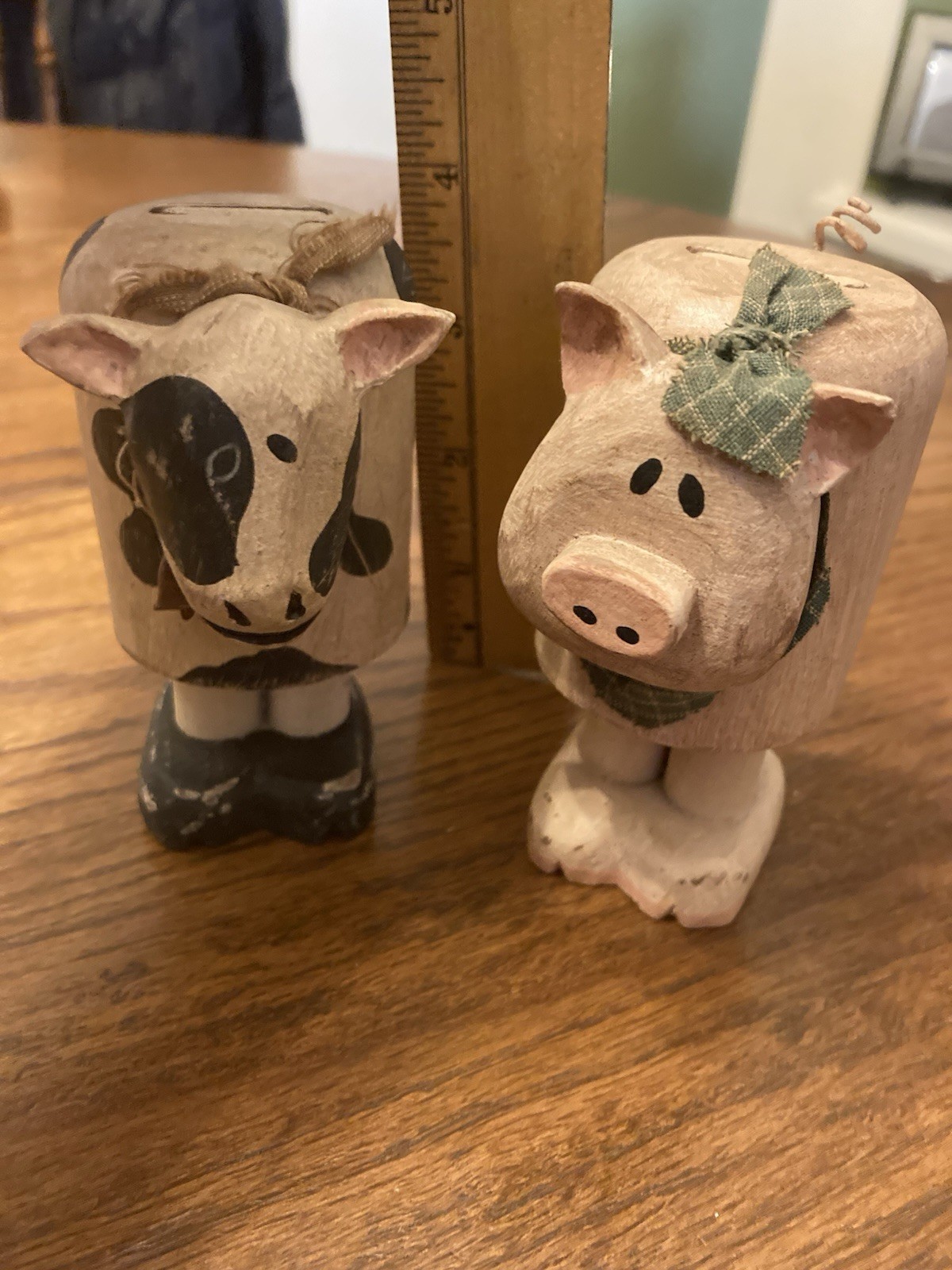 Vintage Wooden Cow & Pig Figurines Handmade Farm Country Decor Folk Art
