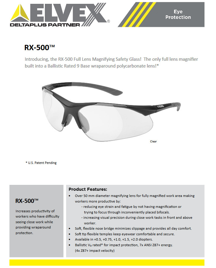 ELVEX RX-500C FULL MAGNIFIER READER SAFETY GLASSES CLEAR LENS 0.5-2.5 STRENGTH