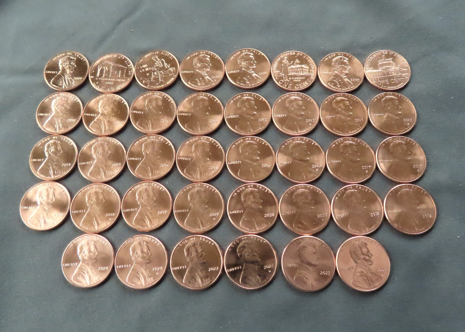 2009-2024 P & D Lincoln Shield Cent - Complete Set of 38 Brilliant Uncirculated