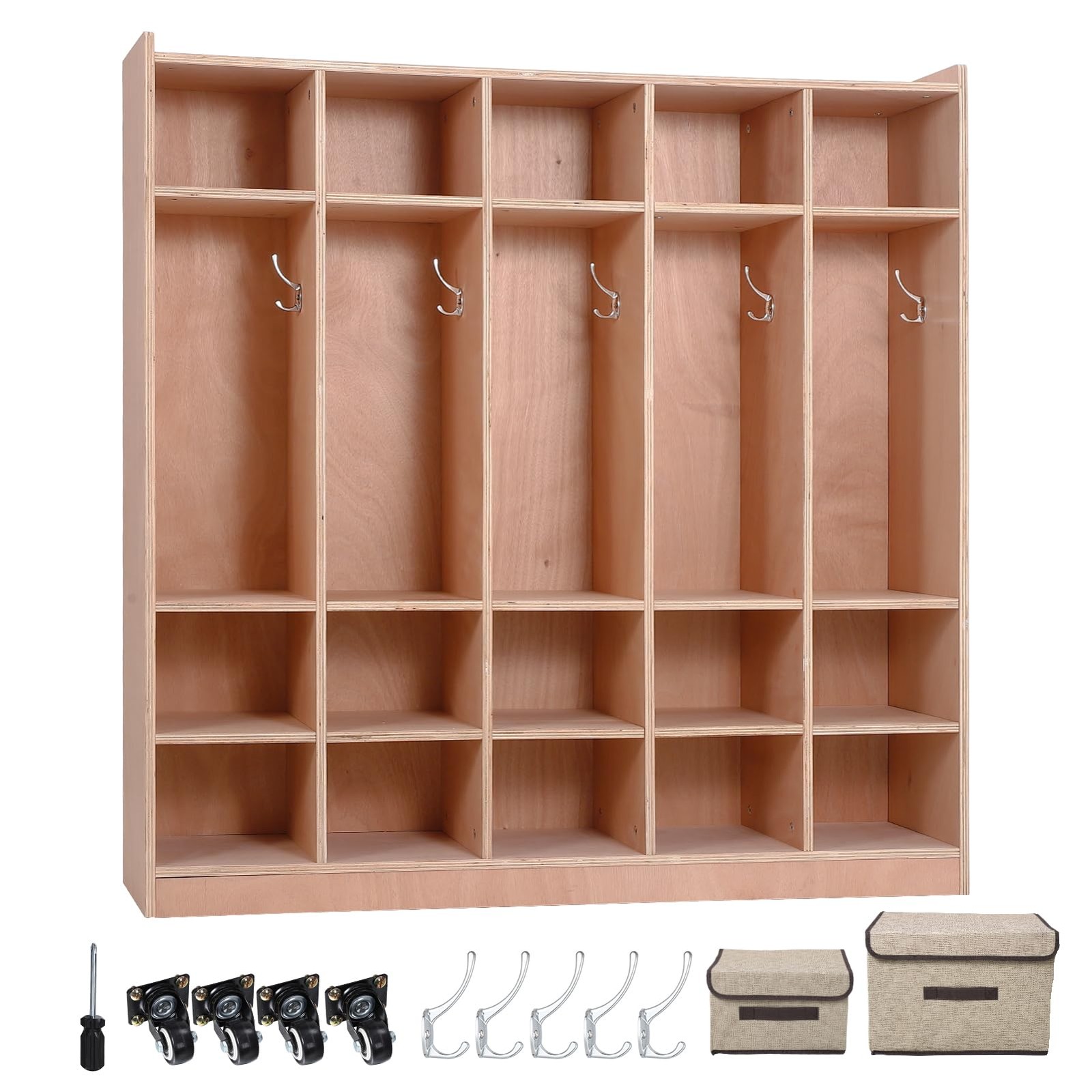5-Section School Coat Locker 10 Cubbies with 4 Casters 5 Hooks 2 Storage Boxes