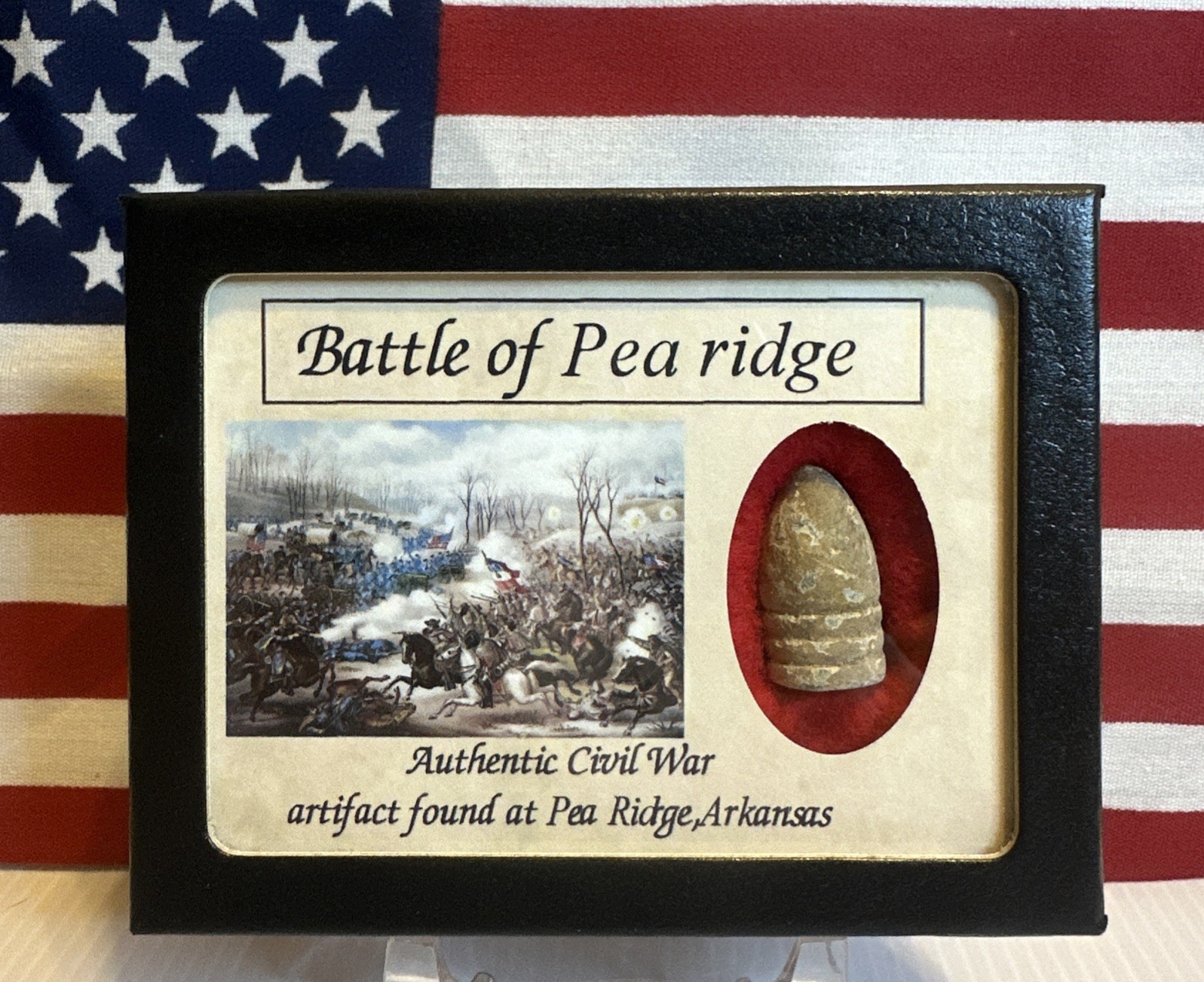 Civil War Bullet  from The Battle of Pea Ridge with Display Case,Color! with COA