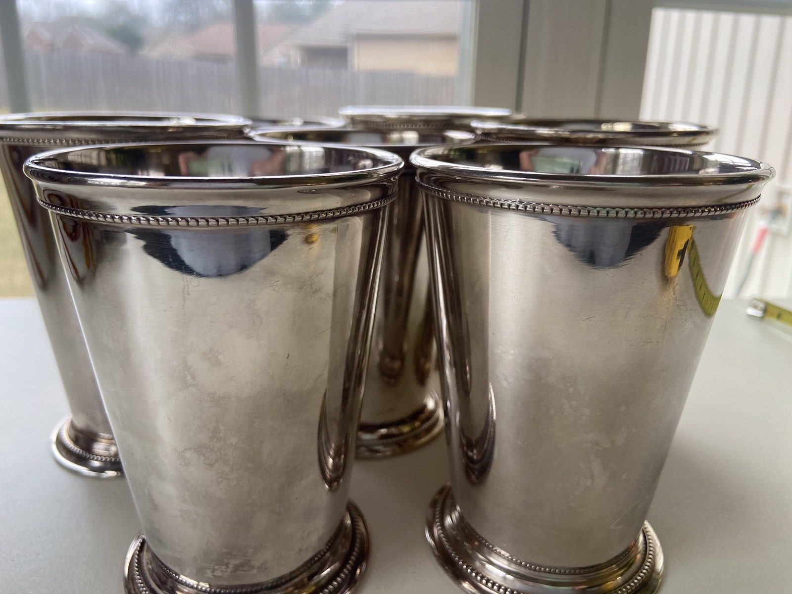 Patrick Henry Silver Plate Mint Julep Cups Beaded Band Exeter Crown Mark Lot 7