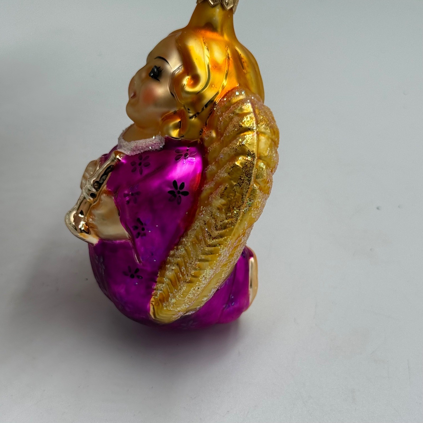 Vintage Glass Angel Christmas Ornament Trumpet Purple Gold West Germany