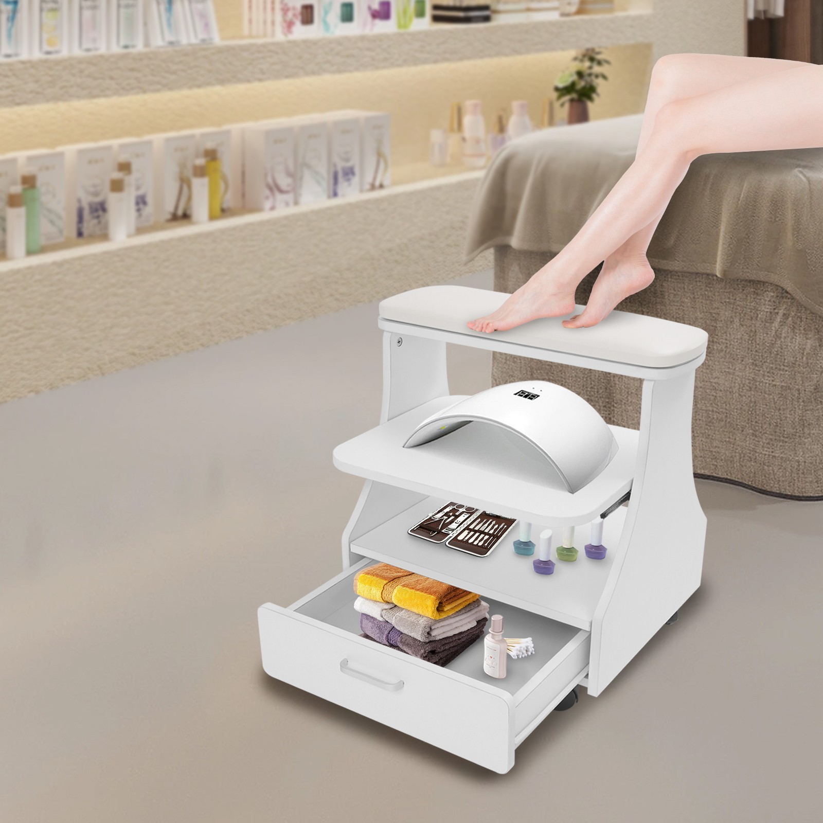 Portable Esthetician Trolley Cart Salon Nail Foot Trolley Cart 52*41*55cm White