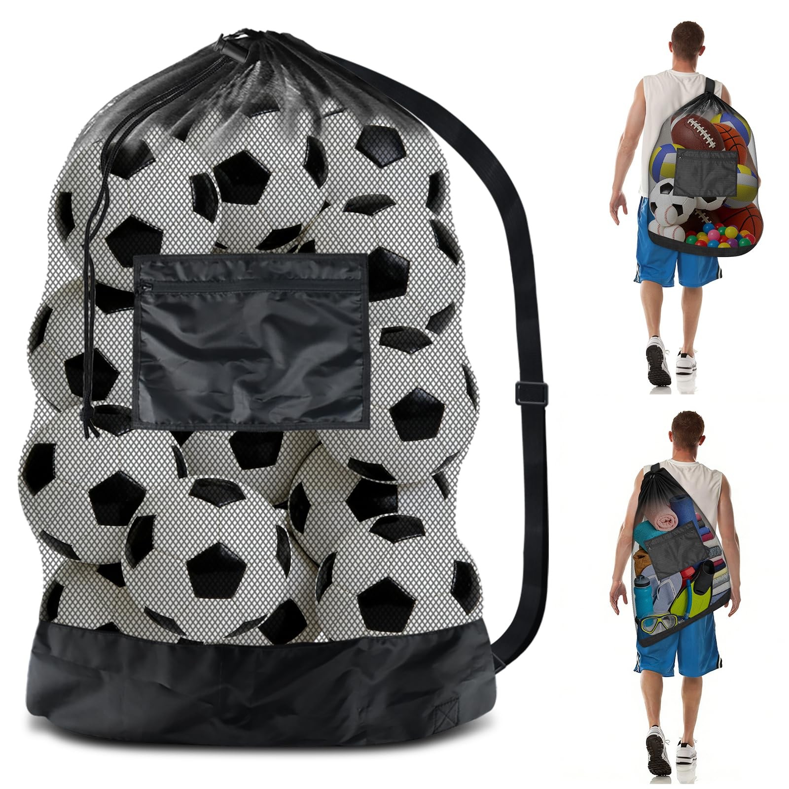 Heavy Duty Soccer Ball Net Bag Drawstring Mesh Ball Bag with Zipper Pocket, S...