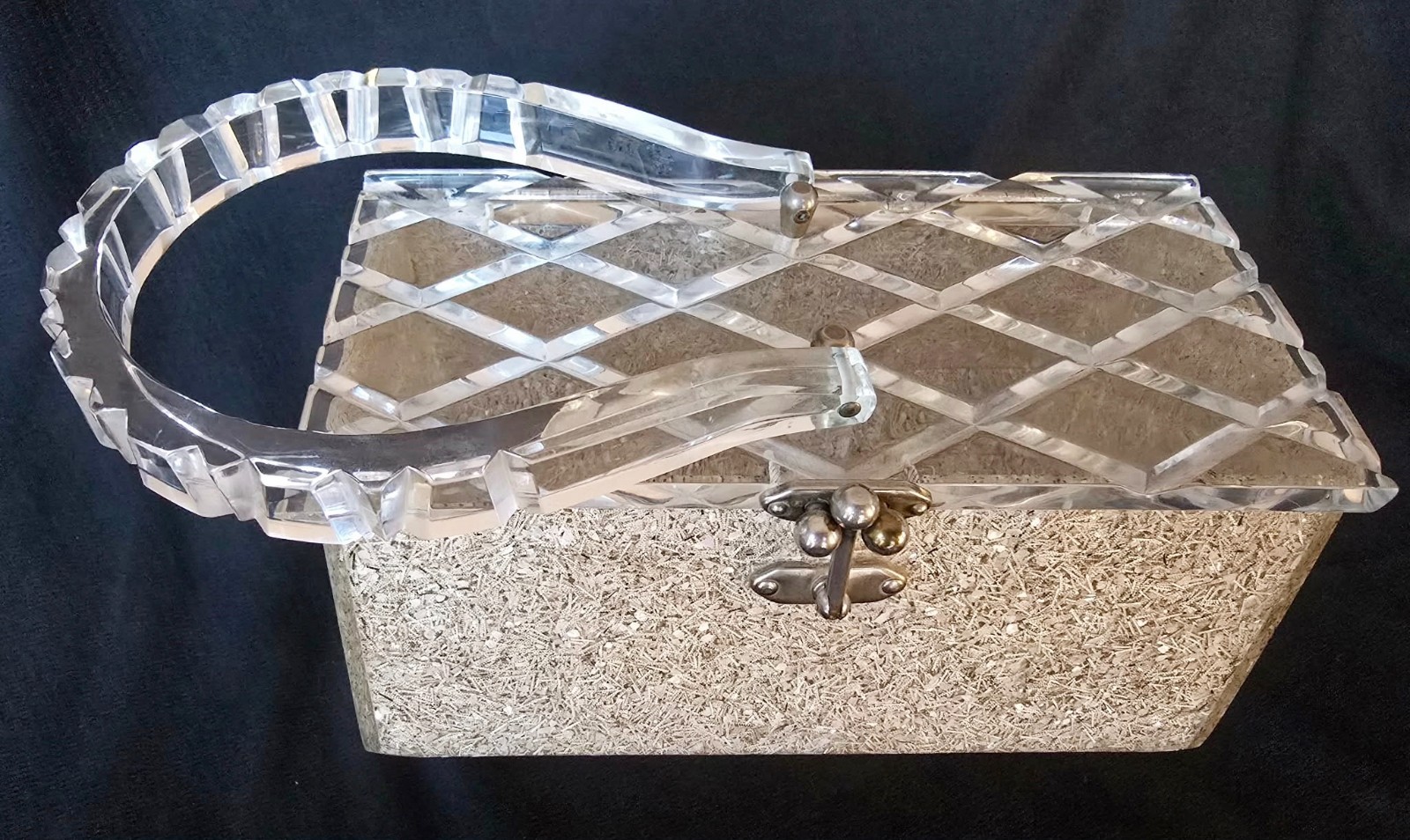 Vintage Charles S. Kahn Lucite Glitter Box Purse 1950s Crystal Cut Top & Handle