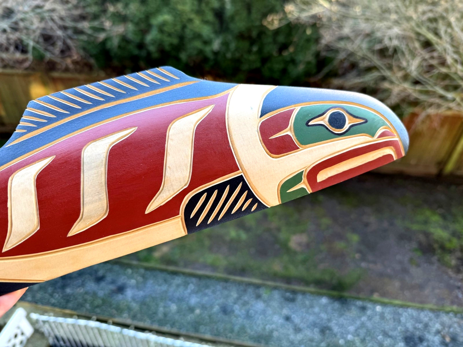 Northwest Coast Native Large Detailed Yellow Cedar burgandy Salmon wood carving