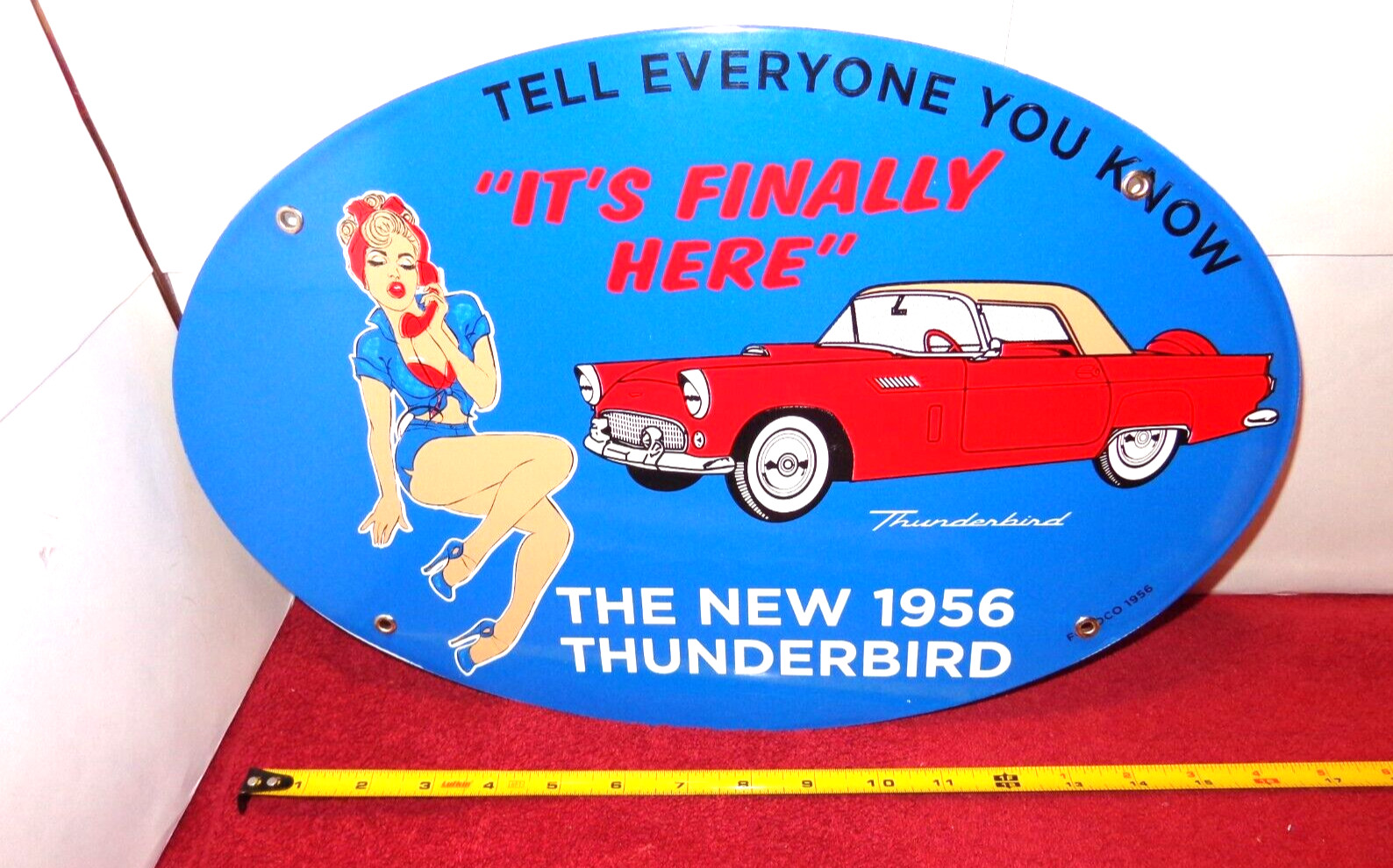 VINTAGE 1956 FORD THUNDERBIRD WOMAN 16" PORCELAIN METAL  CAR GASOLINE & OIL SIGN