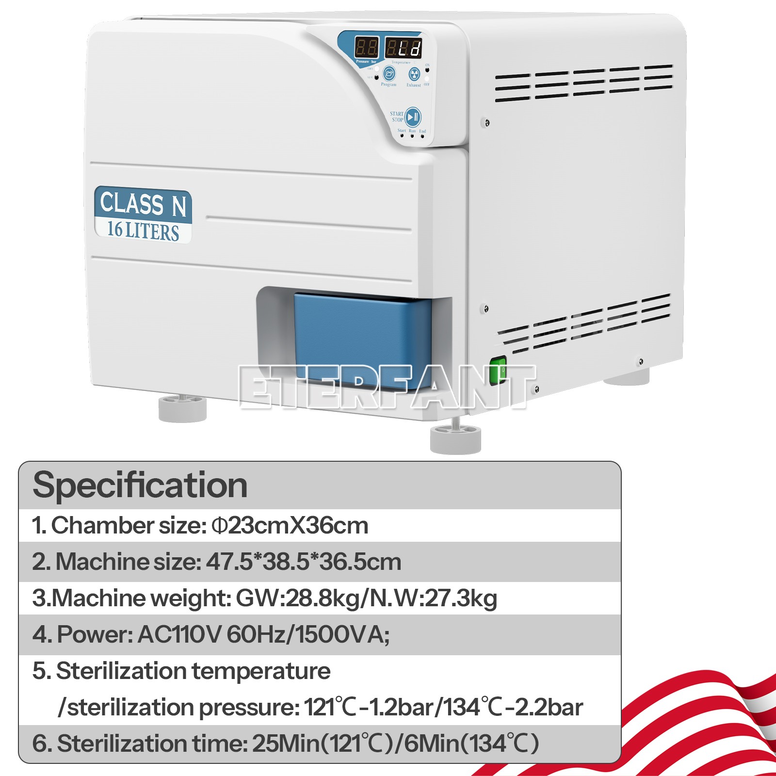 16L Class N Dental Medical Autoclave Steam Sterilizer Drying Function JCH-16 USA