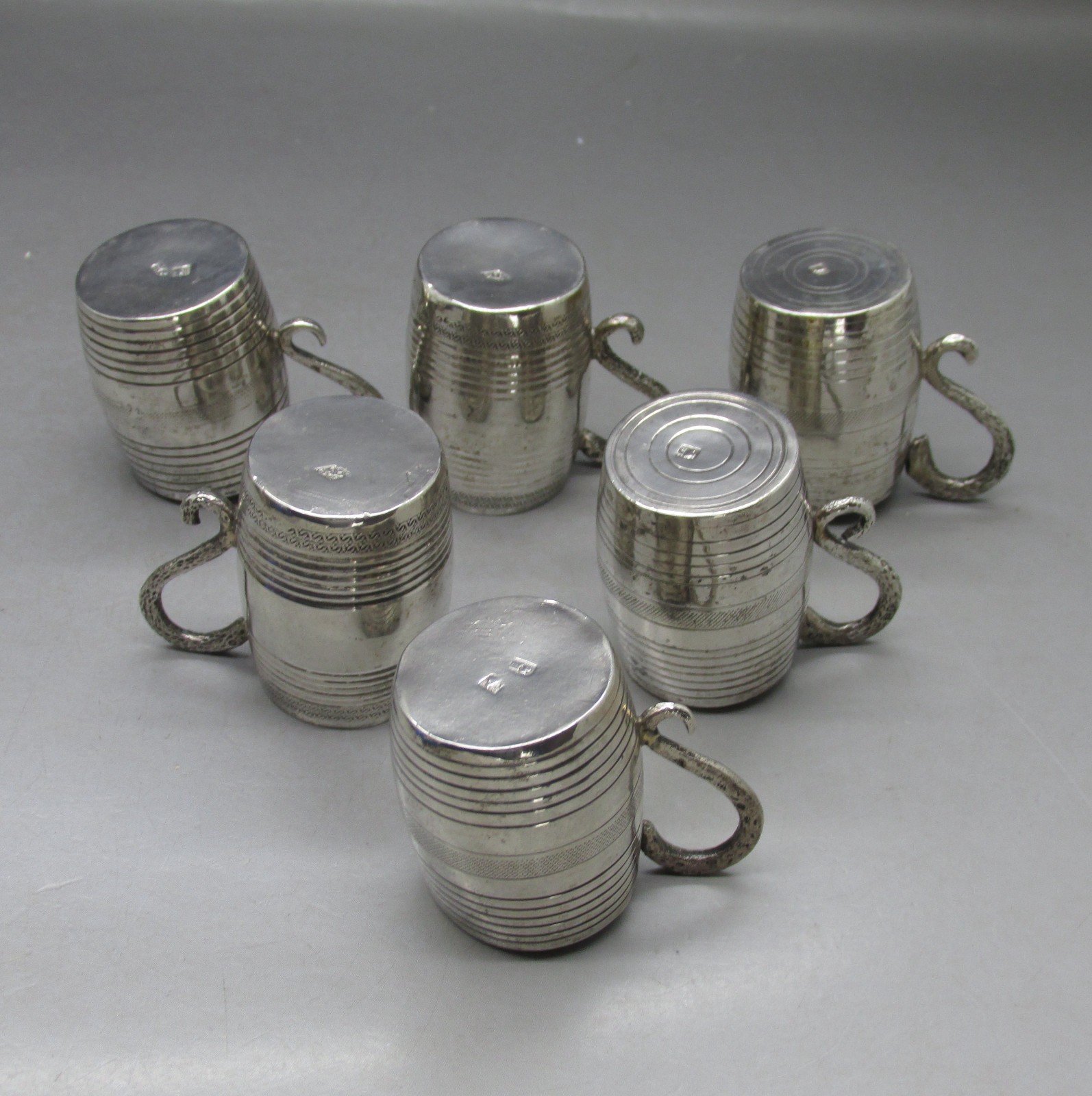 ANTIQUE RARE SET 6 SOLID SILVER TOT CUPS-KINGDOM OF TWO SICILIES 4CM 130g c1840