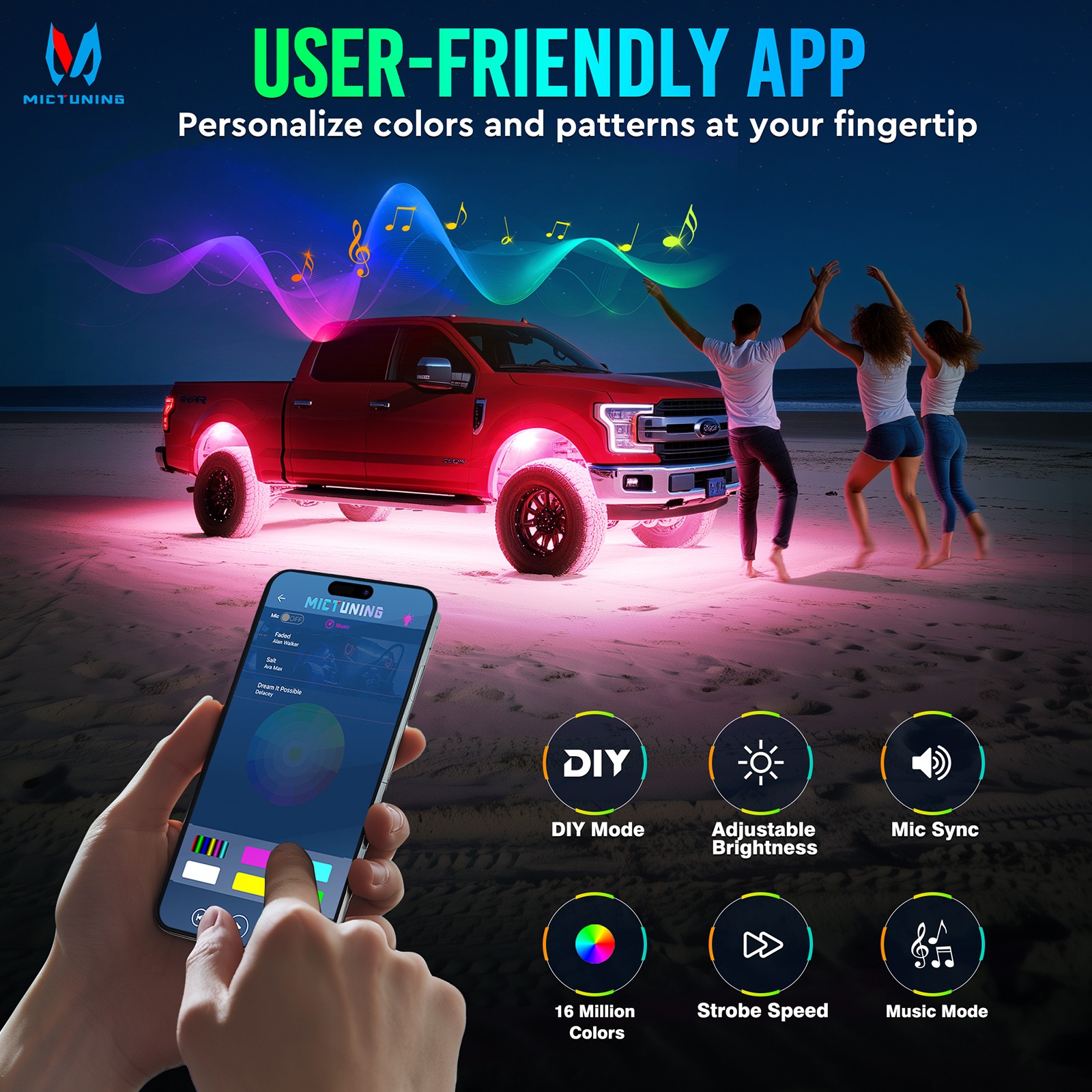 MICTUNING C4 RGBW LED Rock Light 8/12/16 Pods Underglow Accent Light App Control