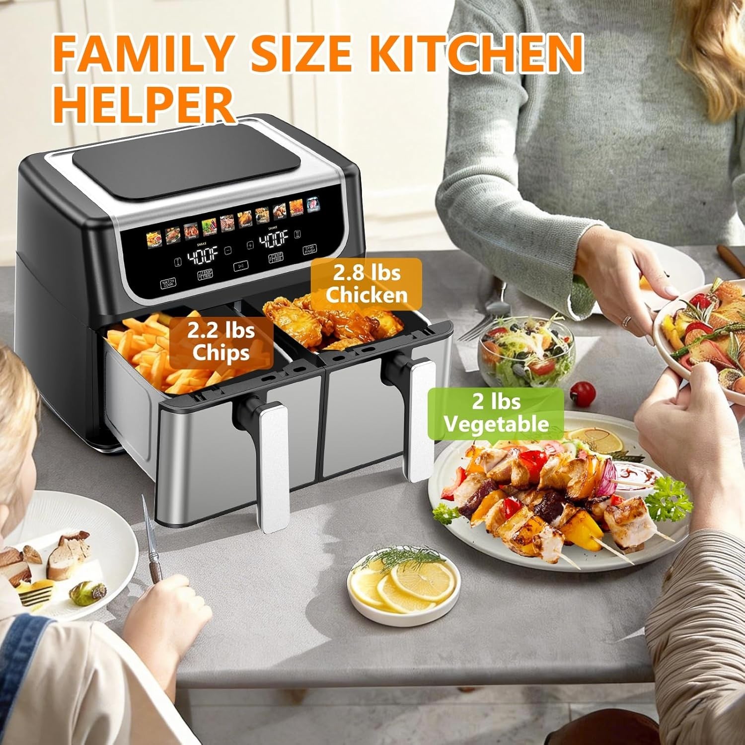 Dual Basket Air Fryer 9.5 Quart Large Air Fryer with Double Basket TEMP Control