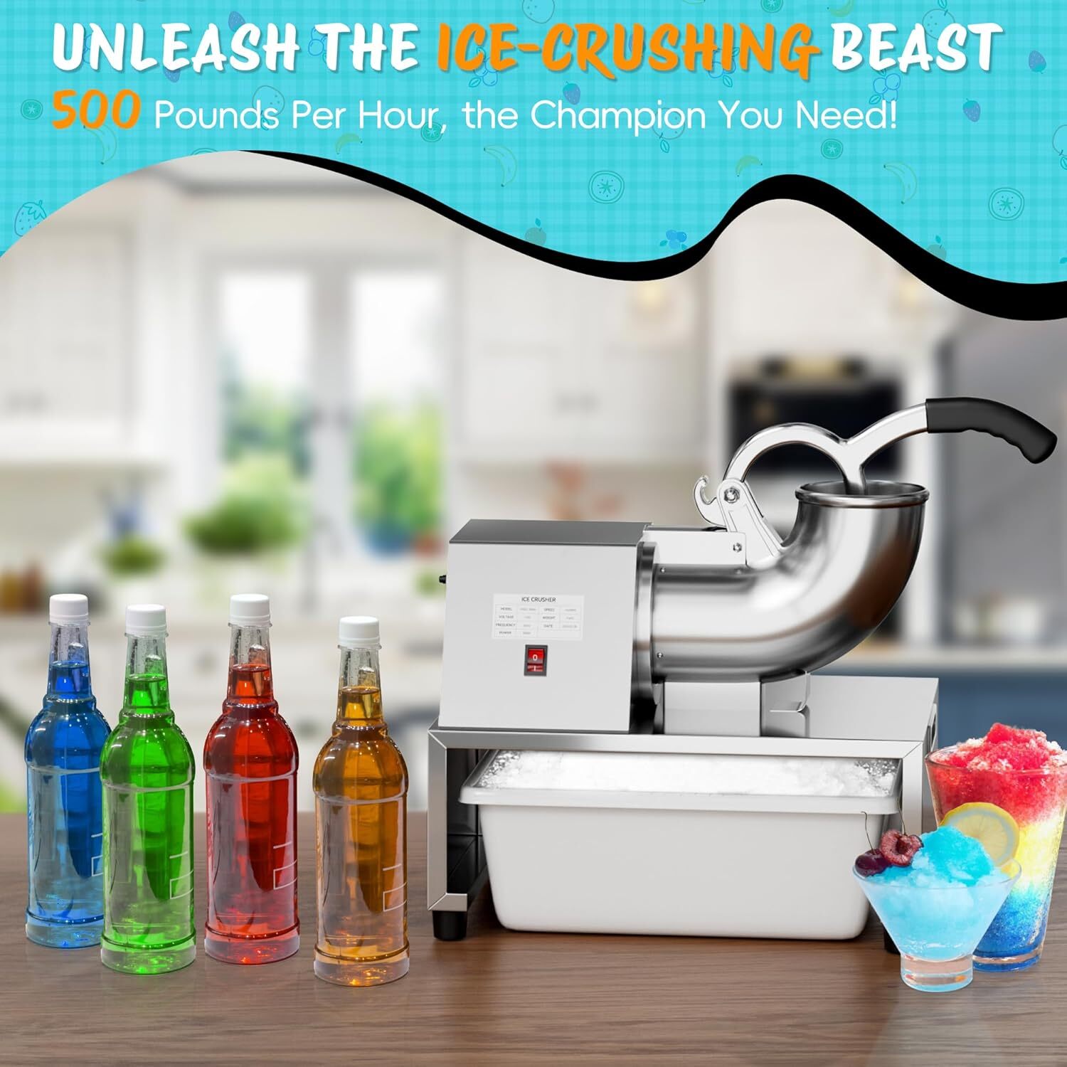 Commercial Ice Shaver 500LBS/H Electric Ice Crusher Snow Cone Machine 300W 48L