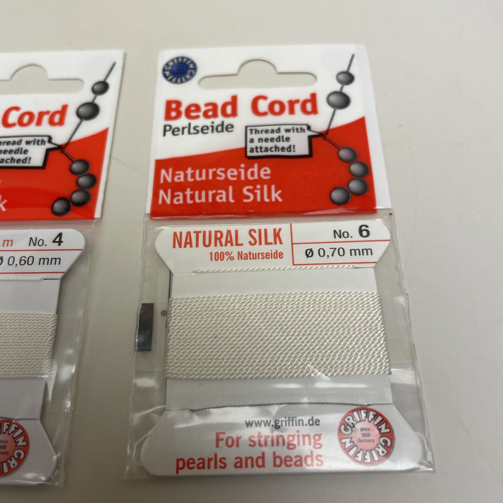 Griffin Natural Silk Bead Cord Thread Sampler Set, Size #2, #4, & #6, White