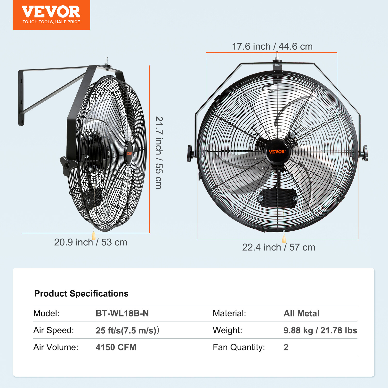 VEVOR 2PCS 18'' Industrial Wall Mount Fan Metal Fan 3 Speed Ventilation Shop Fan