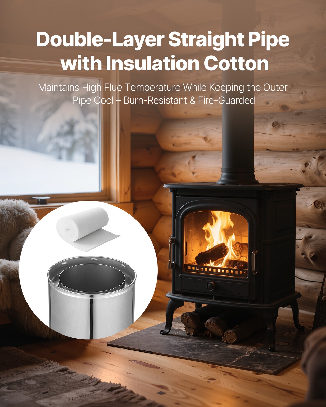 VEVOR 6 x 36 Inch Double Wall Insulated Chimney Pipe Stainless Steel Stove Pipe