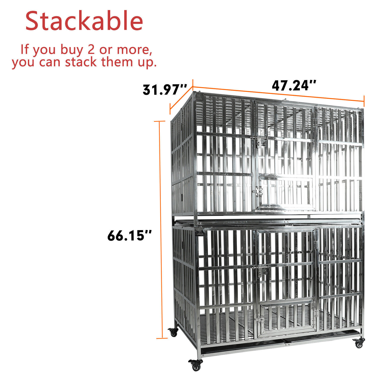 Confote 48" Heavy Duty Dog Kennel Pet Stainless Steel Crate Cage Stackable