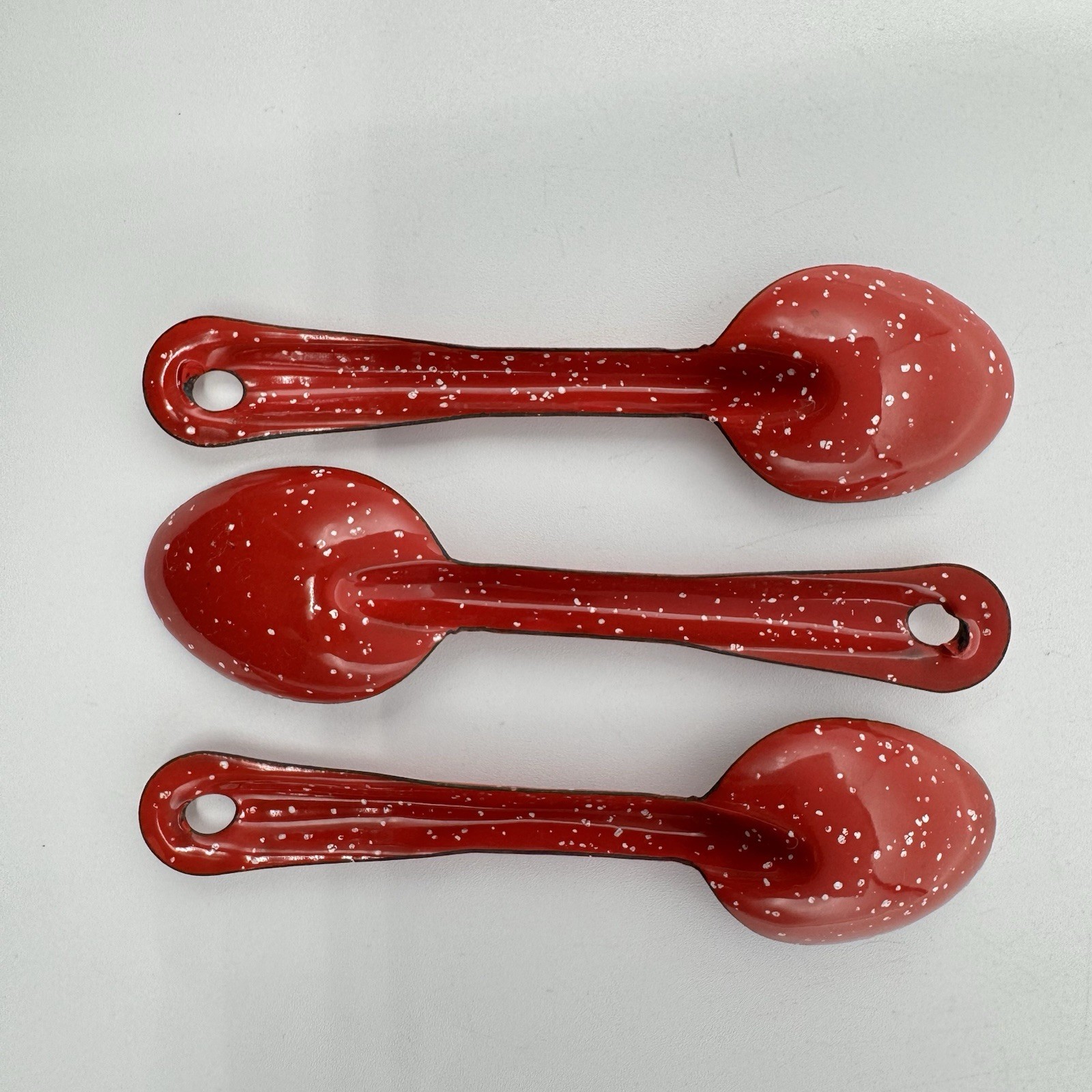 RED Speckle 6" SPOONS 3 pc Lot Vintage Enamel Metal Enamelware Camping Speckled