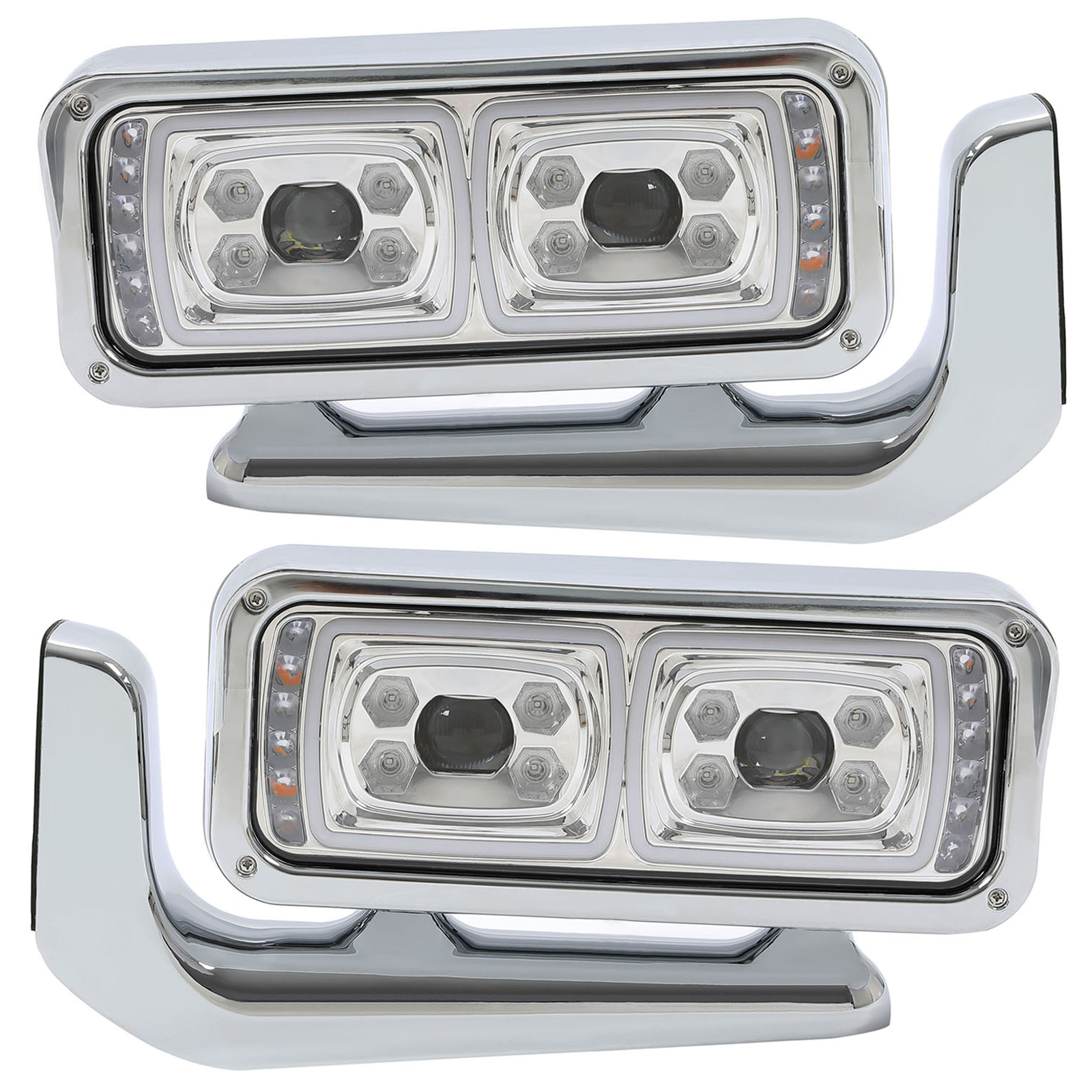 LED Signal Chrome Projector Headlights w/Mounting Arms For Peterbilt 359 379 389