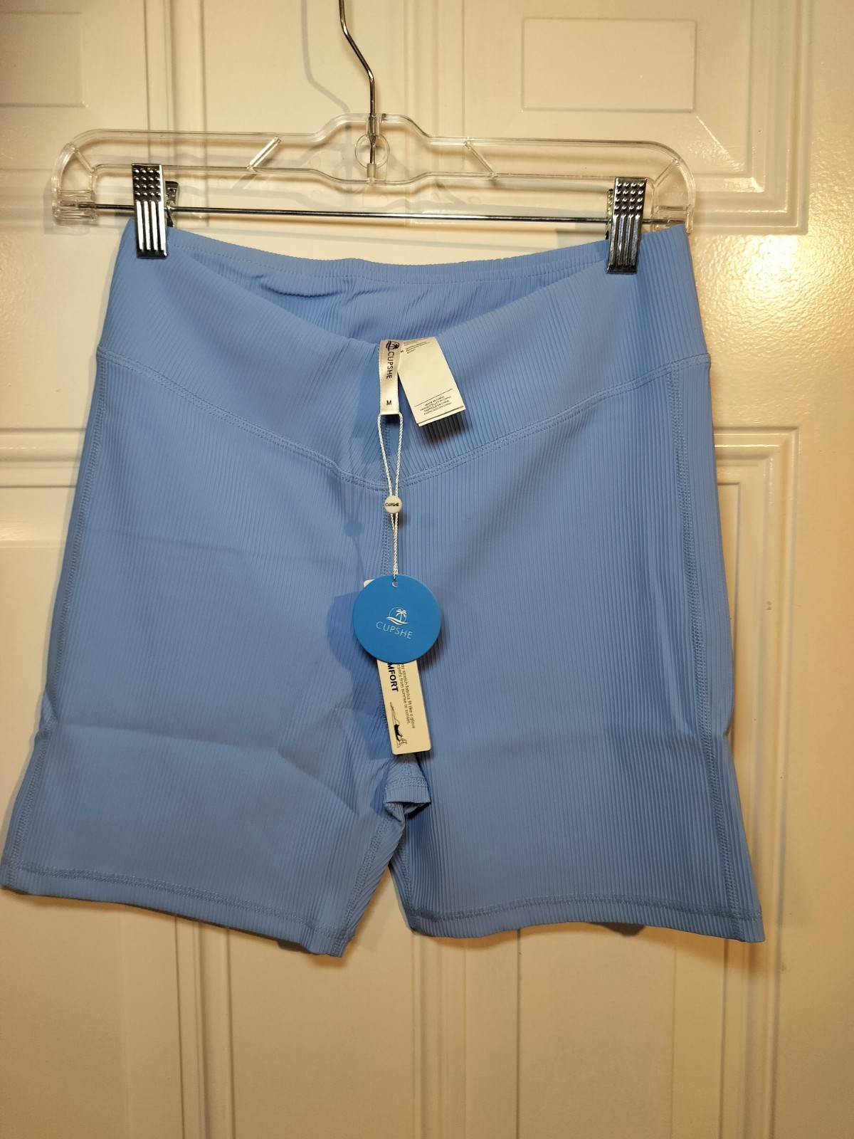 Cupshe Ribbed Biker Shorts Sky Blue High Waist Athletic Stretch Women M NWT