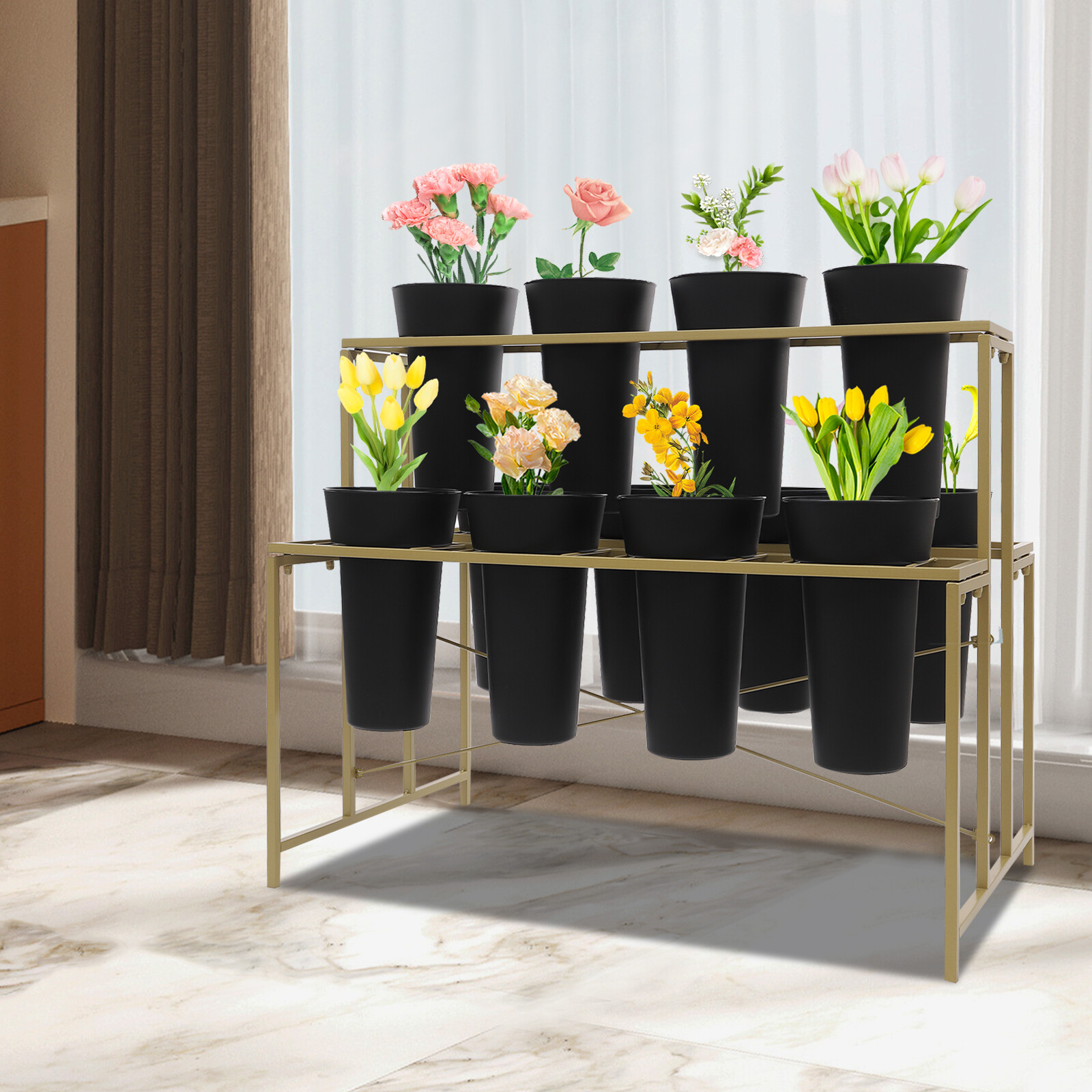 Flower Display Stand with 12 Pcs Buckets, 3 Tier Metal Stand, Indoor & Outdoor