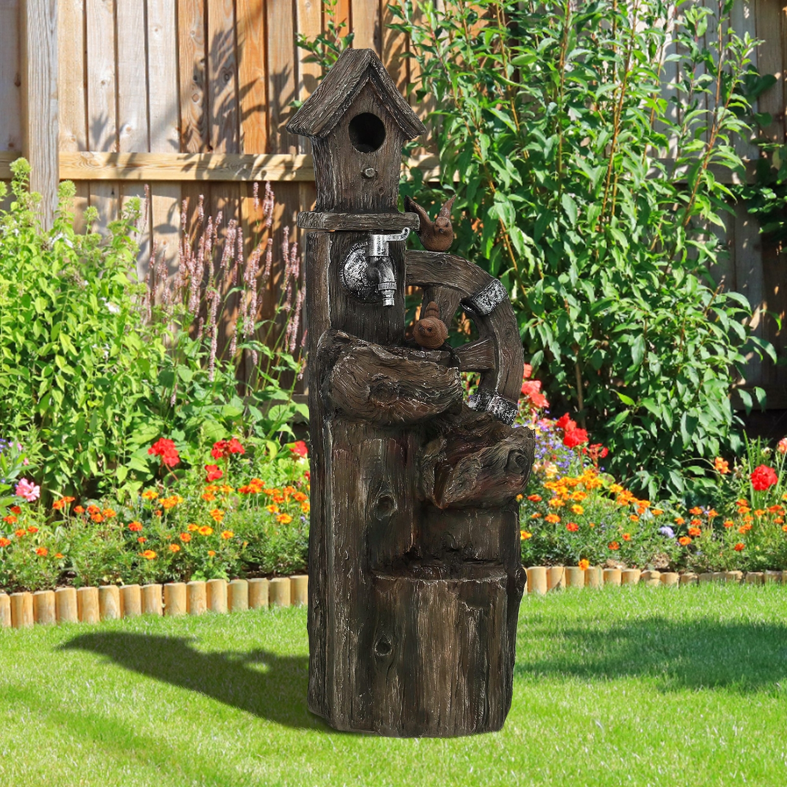 2-in-1 Outdoor Water Fountain Birdhouse Tree Trunk Water Feature