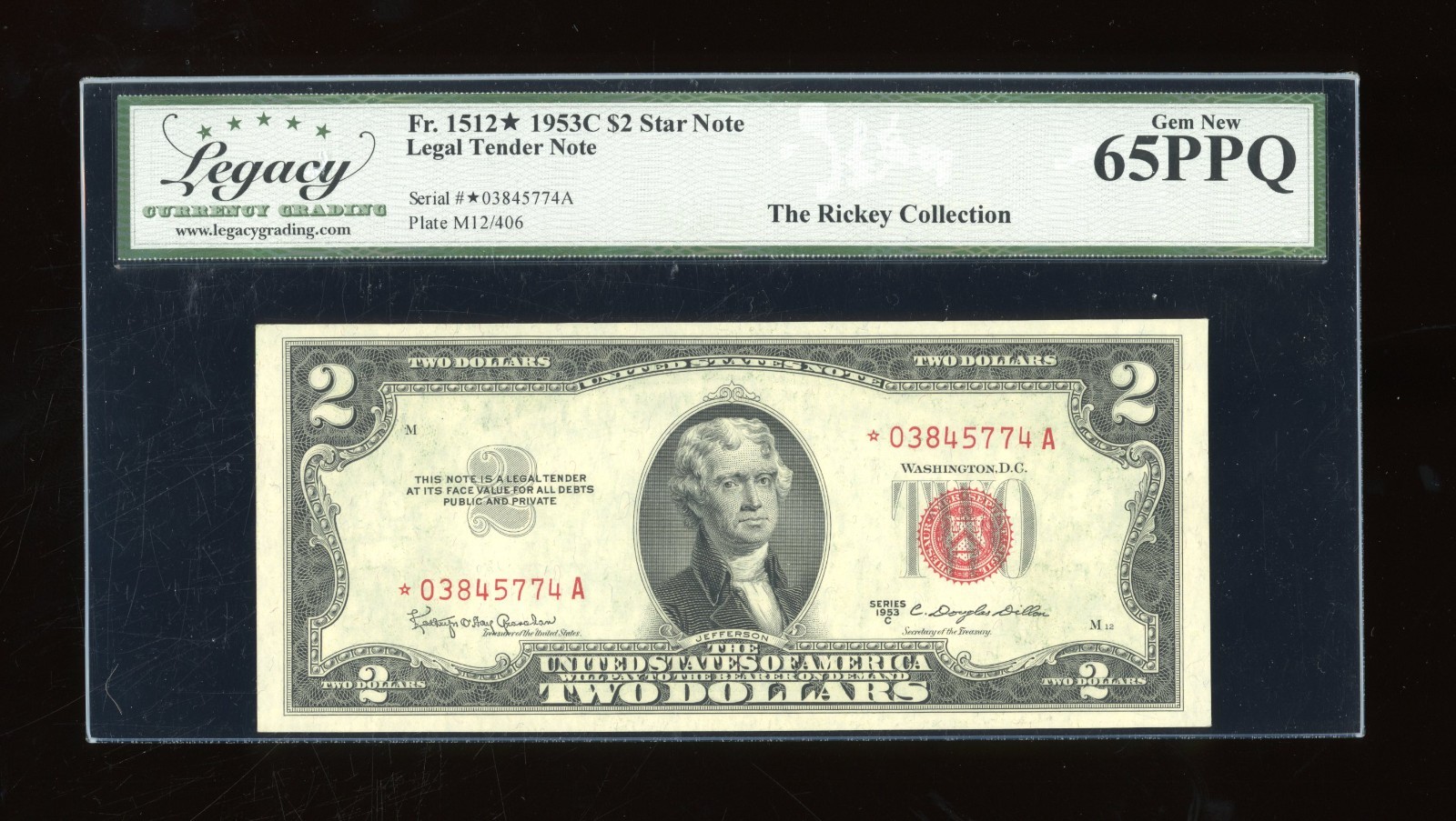 DBR 1953-C $2 Legal STAR Gem Fr. 1512* Legacy 65 PPQ Serial *03845774A