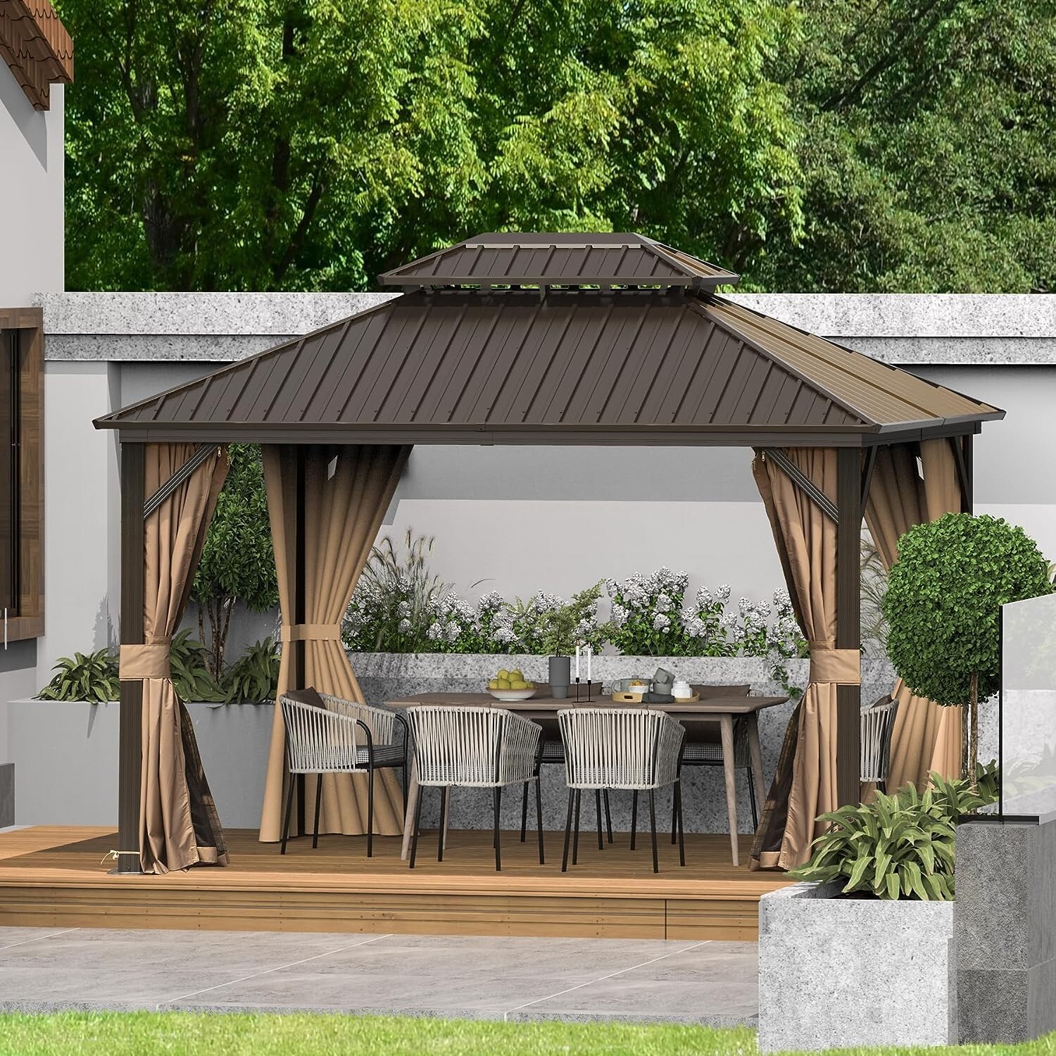 Domi 10’ x 12’ Hardtop Gazebo Outdoor Aluminum Gazebo w/Curtains and Net, Brown