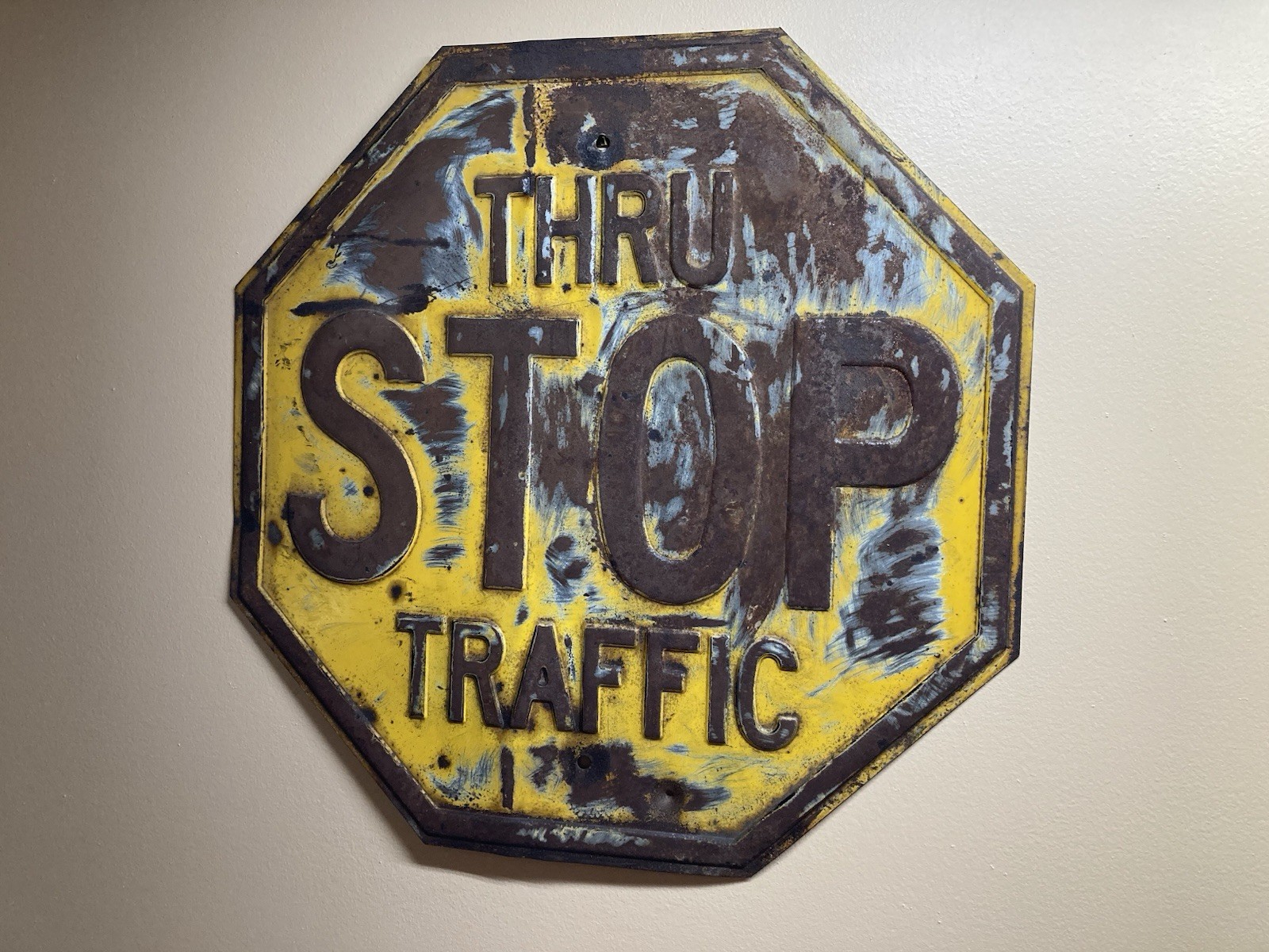 Vintage Yellow Stop Sign Embossed 24"x24" Art Deco 1930 Era