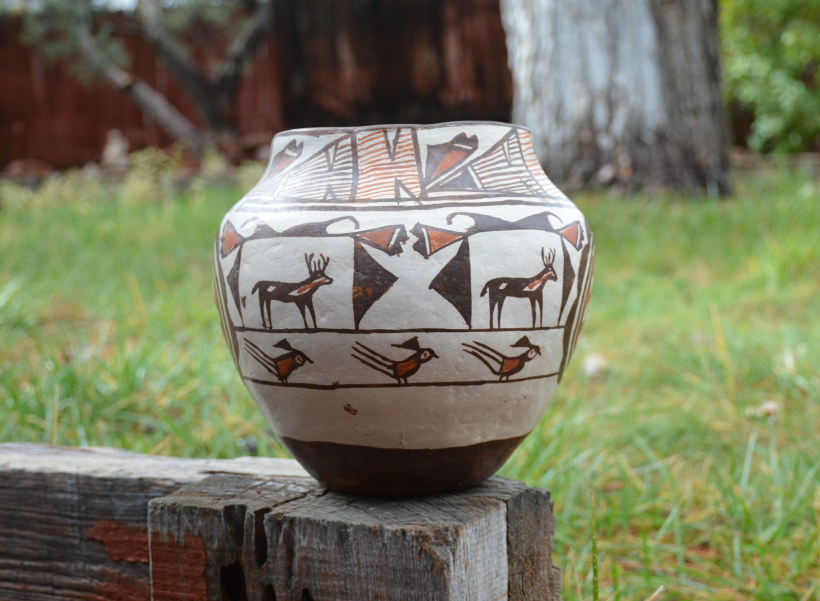 Old Zuni Traditional Olla Pot - Heartline Deer with Birds and Geometrics