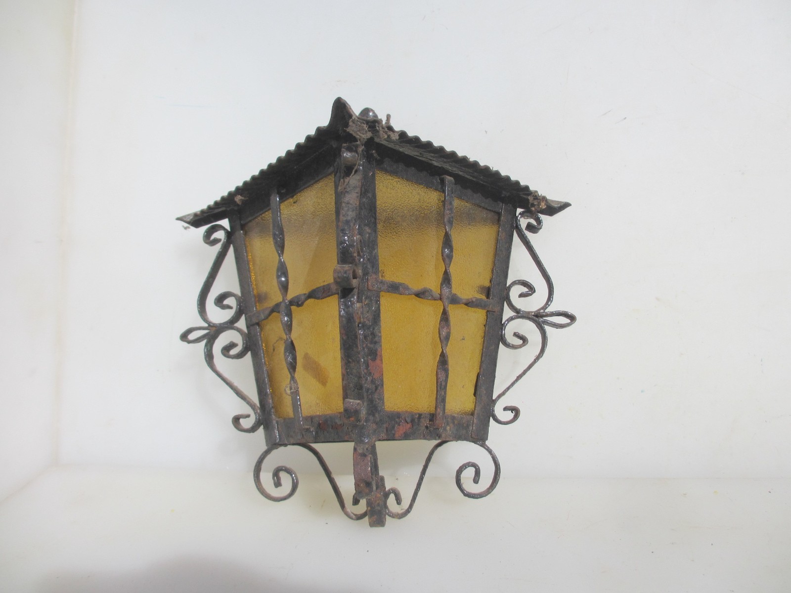 Vintage Wrought Iron Garden Light Shade Yellow Glass Antique Lantern