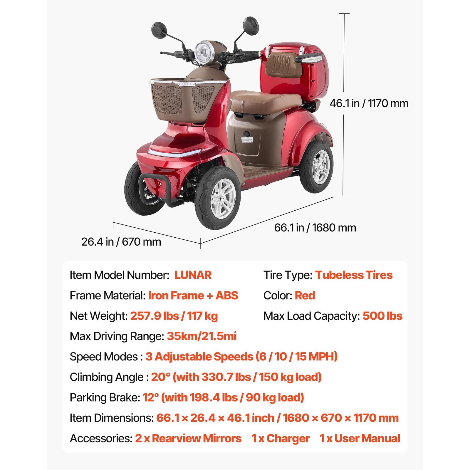 Uimoso Heavy Duty 4-Wheel Mobility Scooter 21.5 Miles Range 3-Speed, 500lbs Load