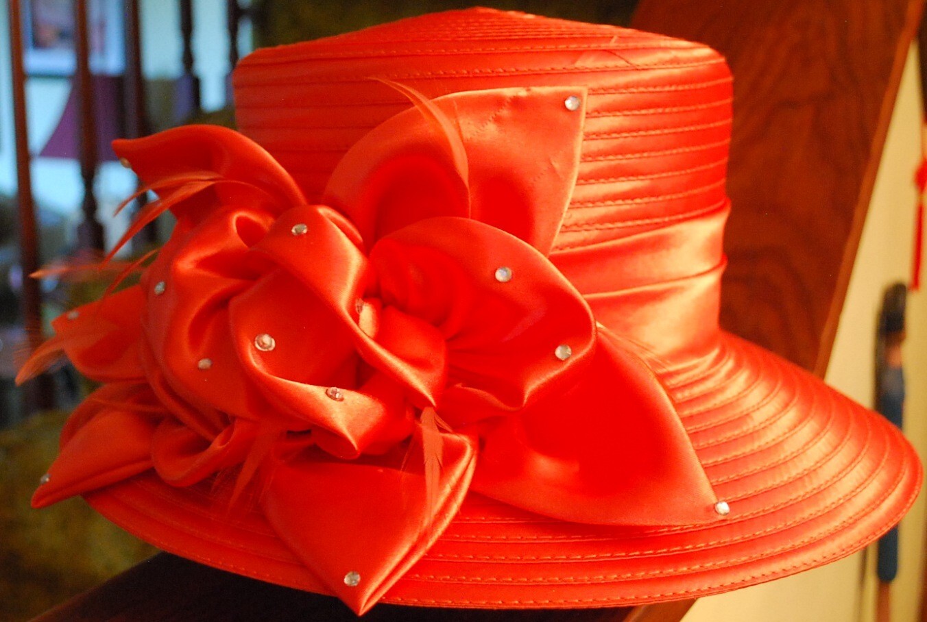 Vintage SOPHIA COLLECTION Ladies ORANGE Church Hat w Rhinestones & Feathers