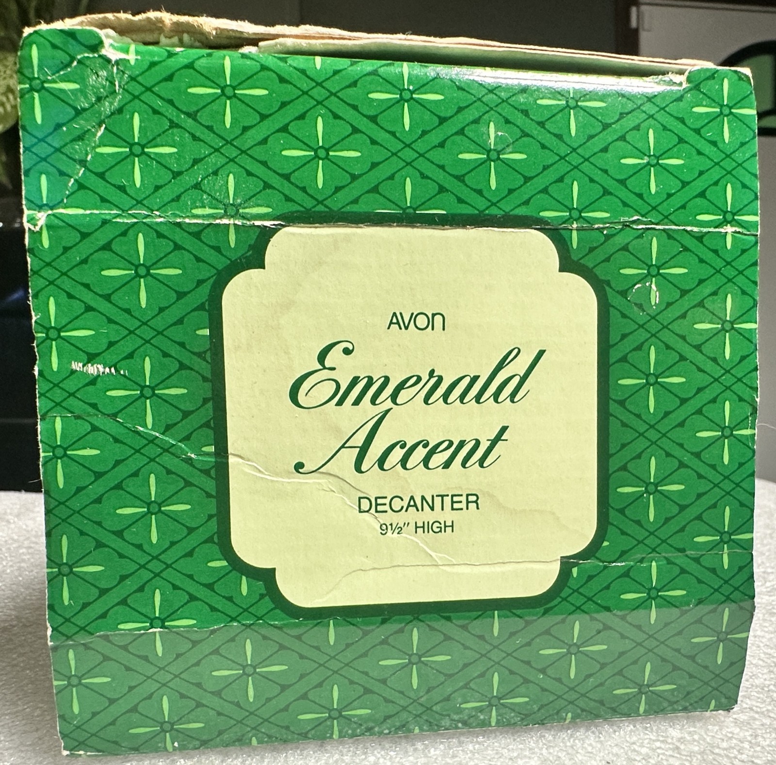 AVON Vintage EMERALD ACCENT Glass Decanter Set with Tray & 4 Glasses + Boxes 80s