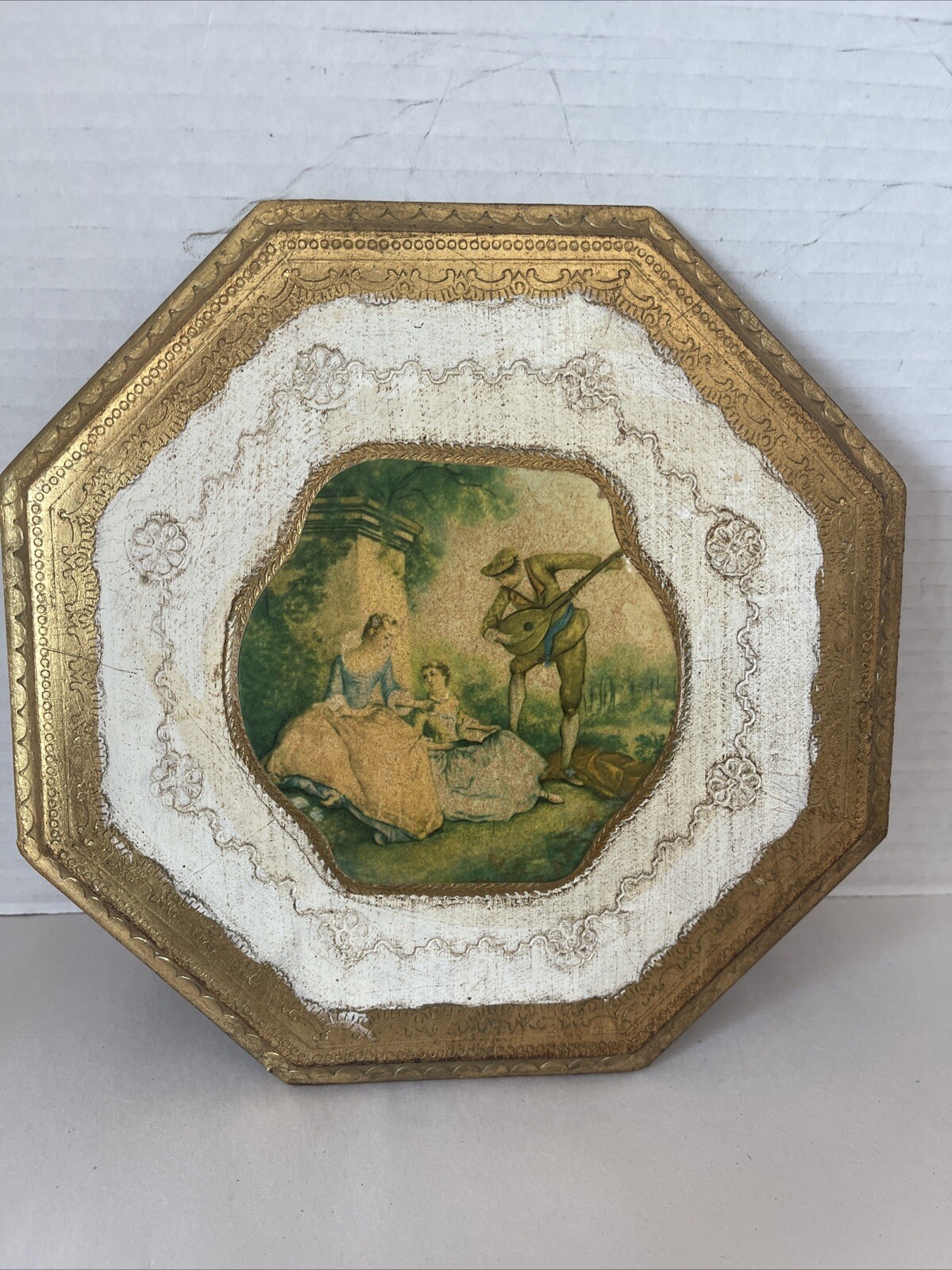 Antiqued Florentine Plaque Wood Artisan Gold Gilt Italy Romantic Octagon 8”
