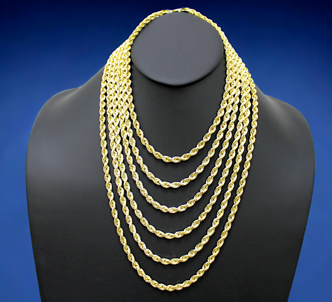 10K Yellow Gold Rope Necklace Bracelet Chain Diamond Cut 2mm-10mm 7"-30"
