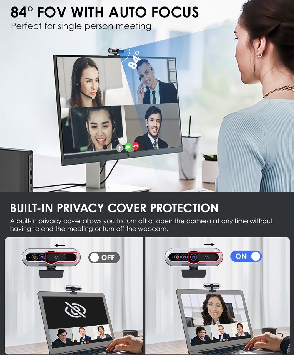 TOALLIN 2K Auto-Focus QHD Webcam Windows Hello Privacy Shutter w/Microphone New