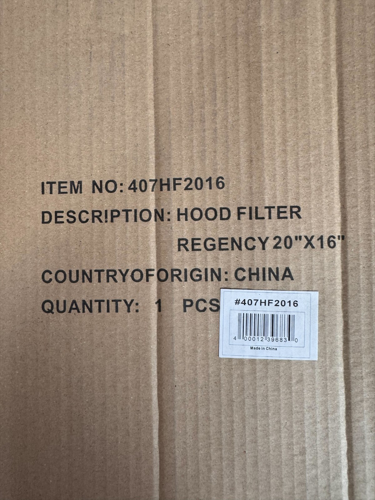 Regency 407HF2016 Commercial Hood Filter 20x16 Stainless Steel Baffle Filter