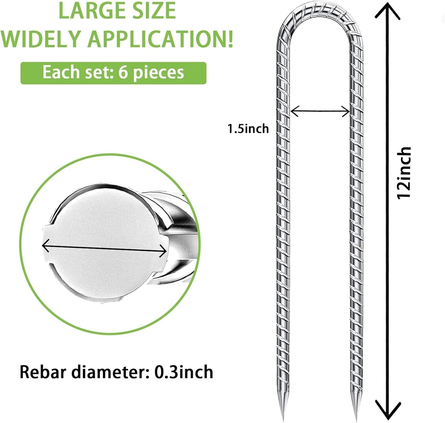 4 Pack 12" Inch Rebar Stakes, U Hook Galvanized Trampoline Stakes Ground Anchors