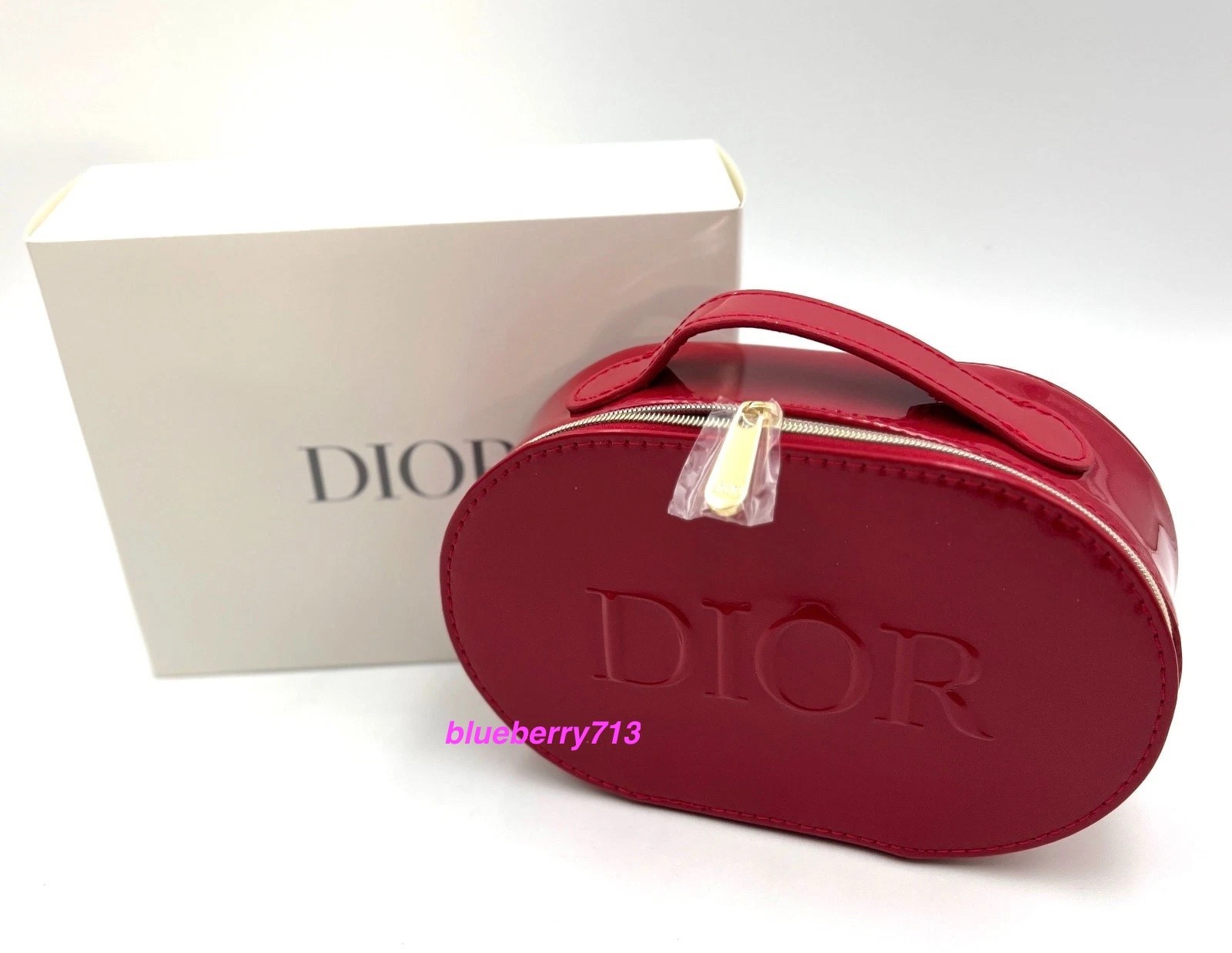 Dior  Patent Cosmetic  PVC Makeup Zipper Bag  with Handle  ~  Red