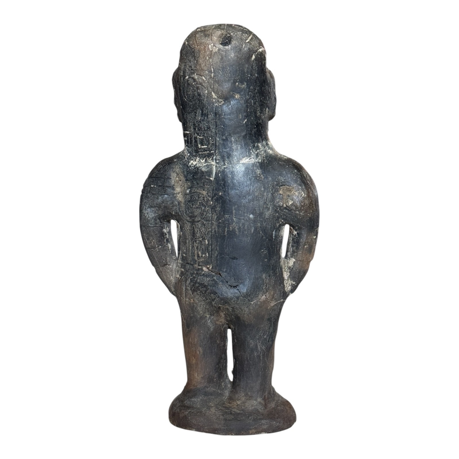 Antique Pre-Columbian West Mexico Blackware Pottery Standing Whistle Figure